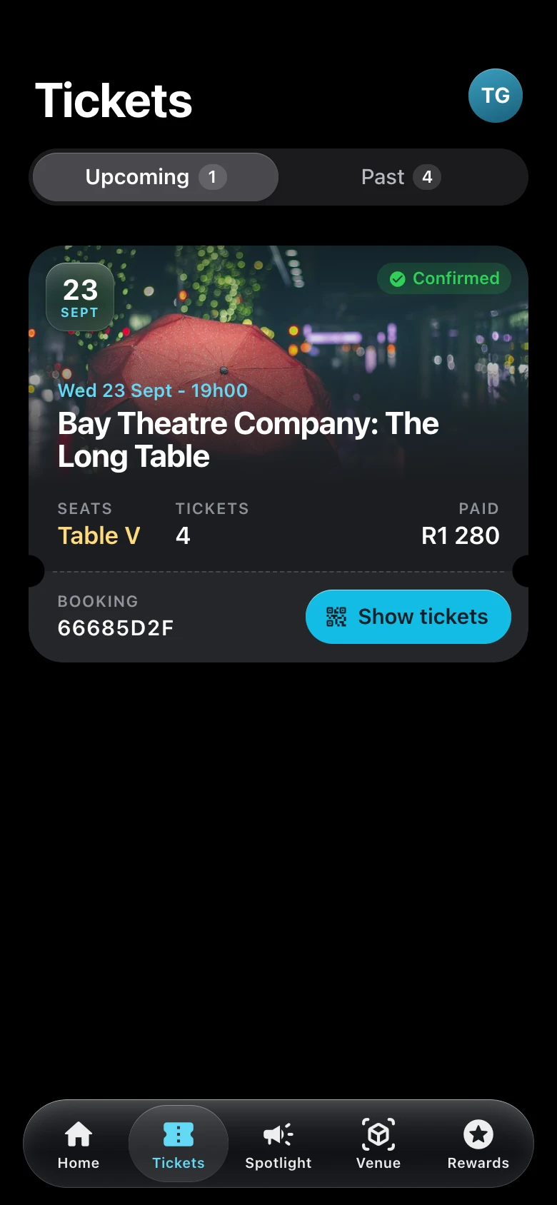 Centrestage Live mobile tickets screen with upcoming bookings