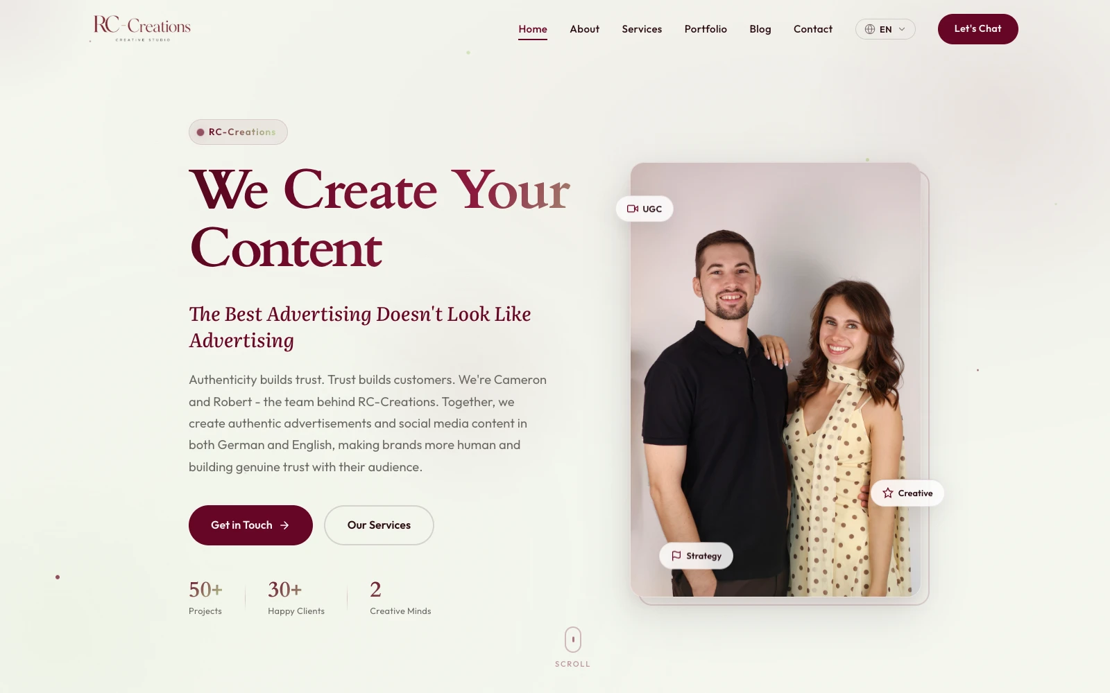 The RC-Creations home page for a bilingual creative studio
