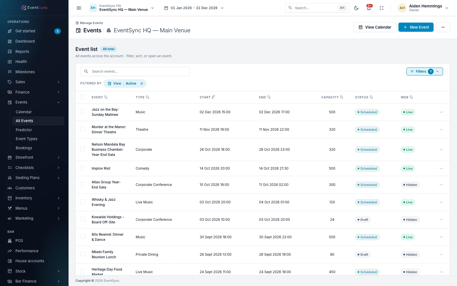 The EventSync events calendar with scheduled and draft events