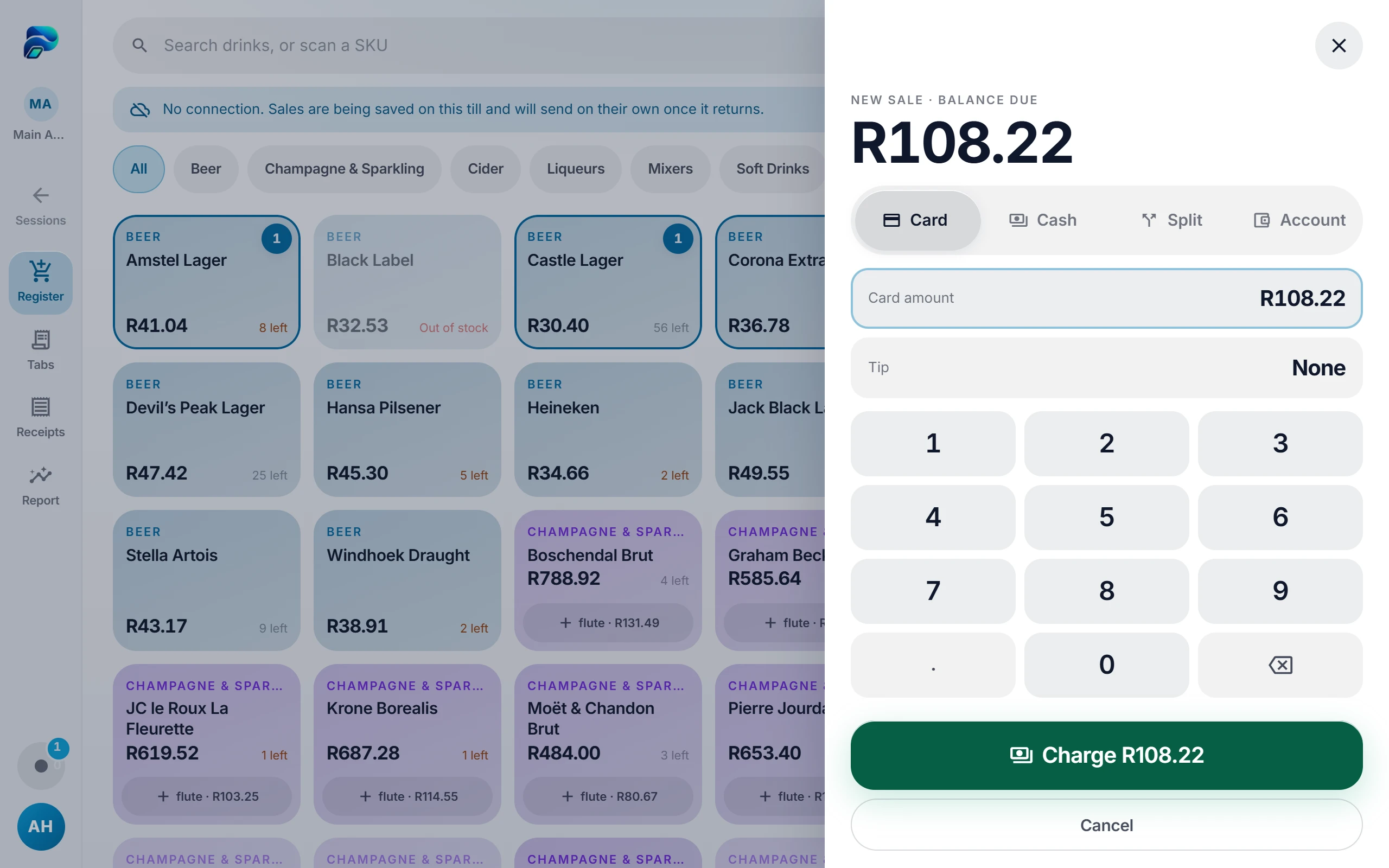 The PosSync payment screen taking split card and cash