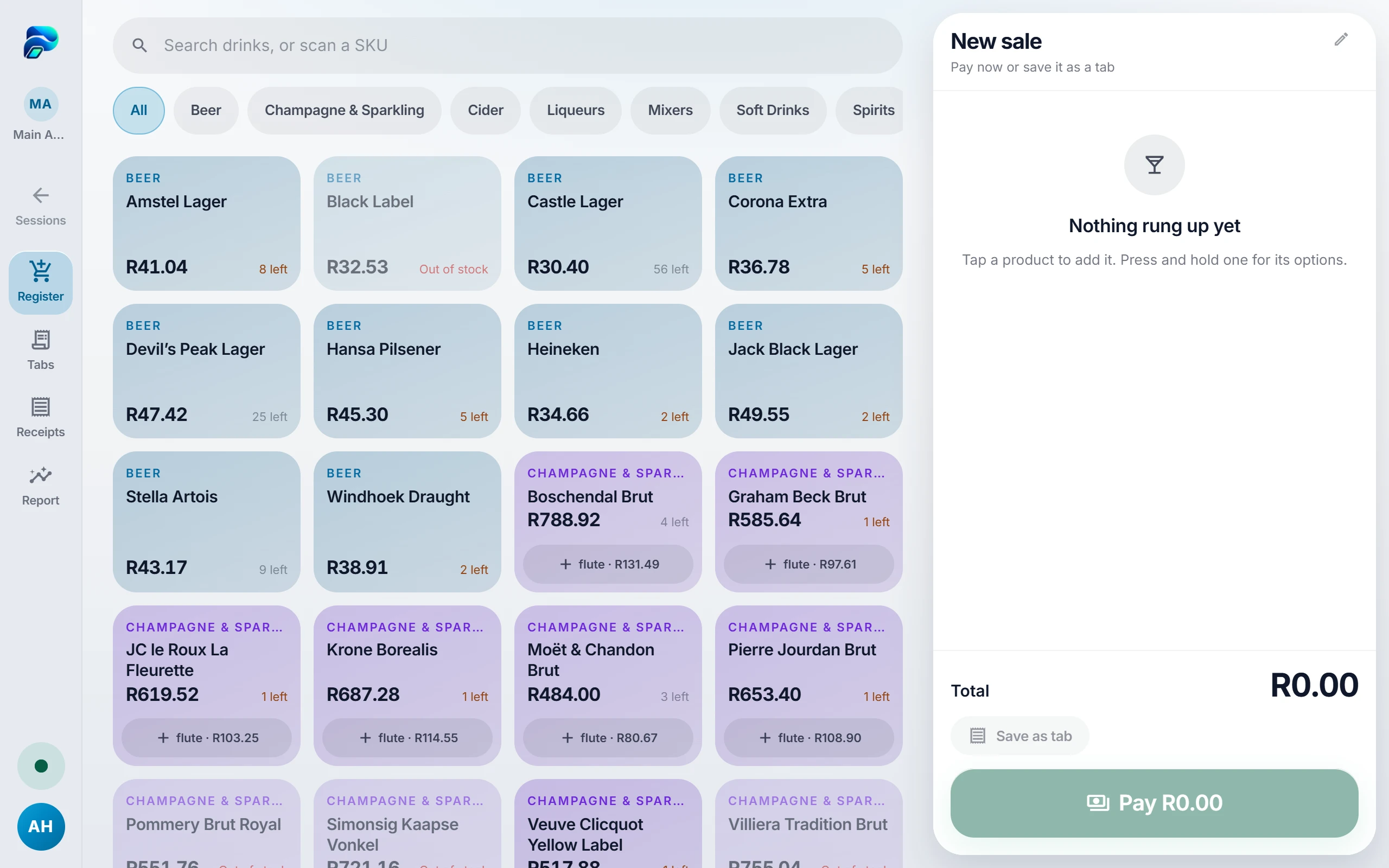 The PosSync till showing a product grid of drinks and an open sale
