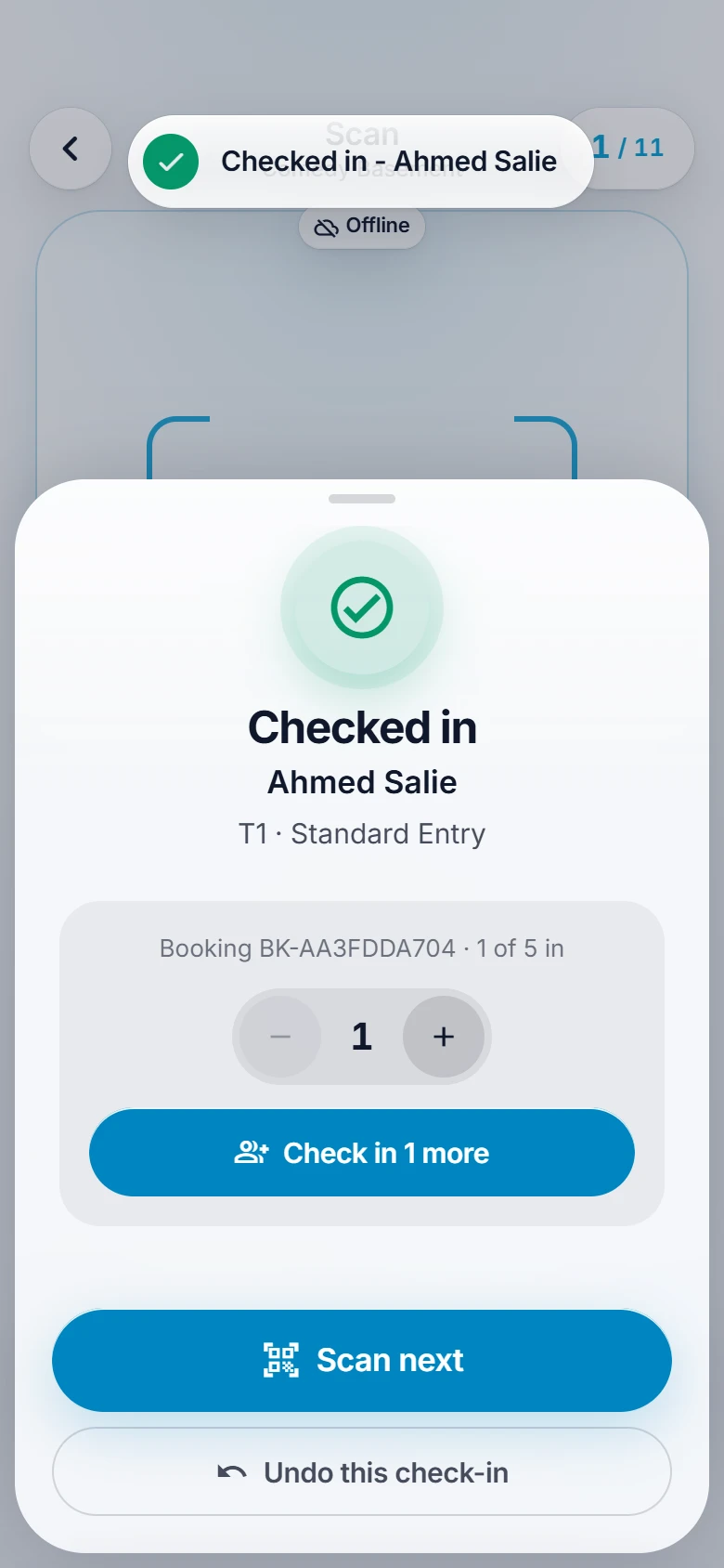 ScannerSync confirming a guest checked in, with the option to check in one more