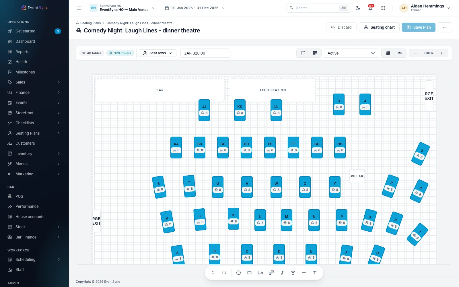 The EventSync seating plan editor with a drawn room and live availability
