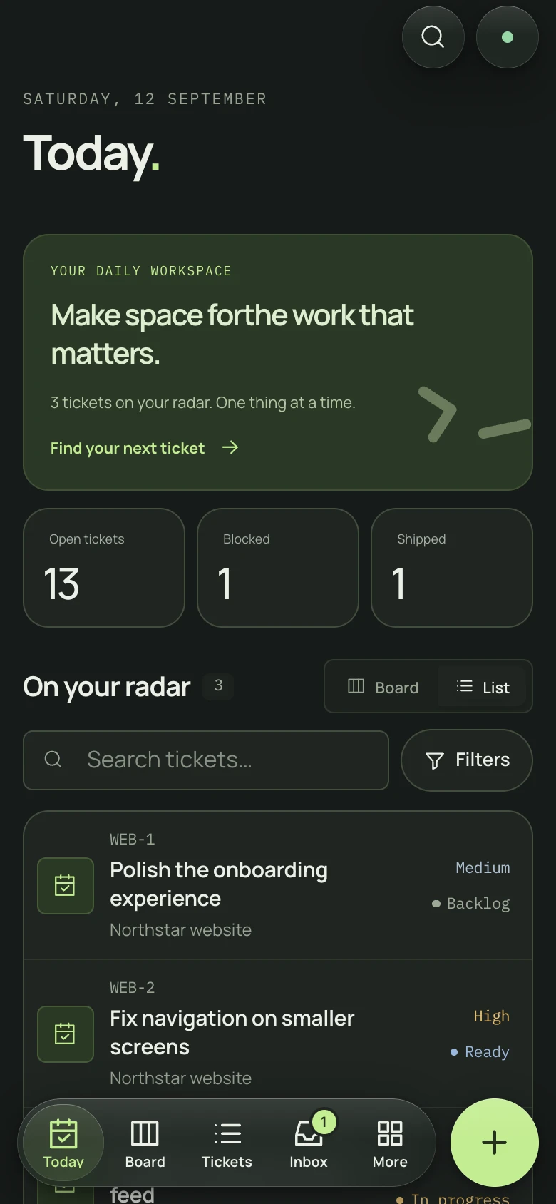The ticket.sh mobile Today screen with tasks and its bottom navigation