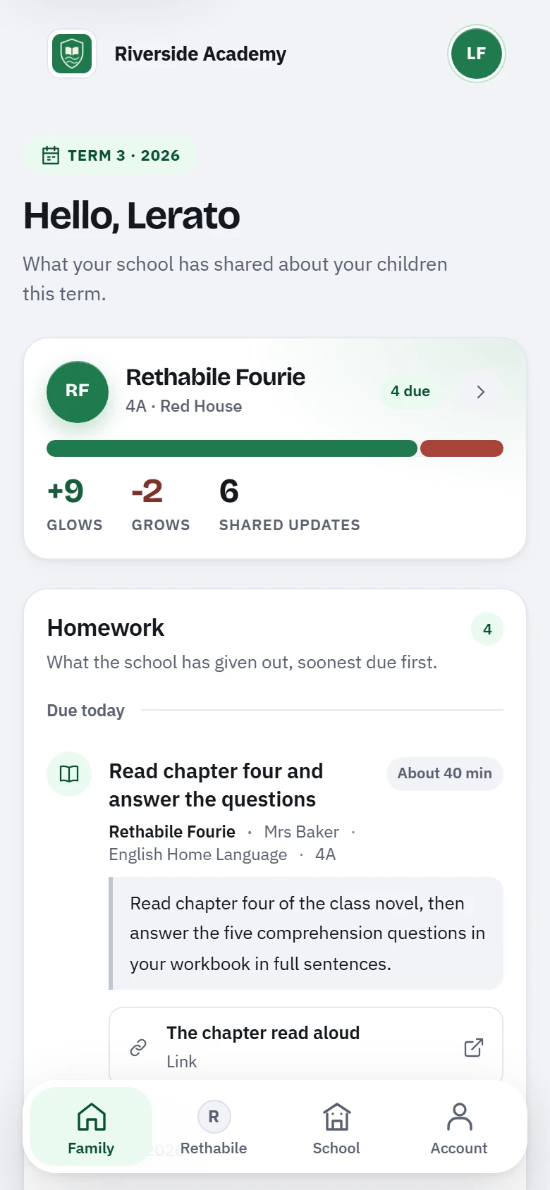 The Prefect Guardian app showing linked children, behaviour totals and homework