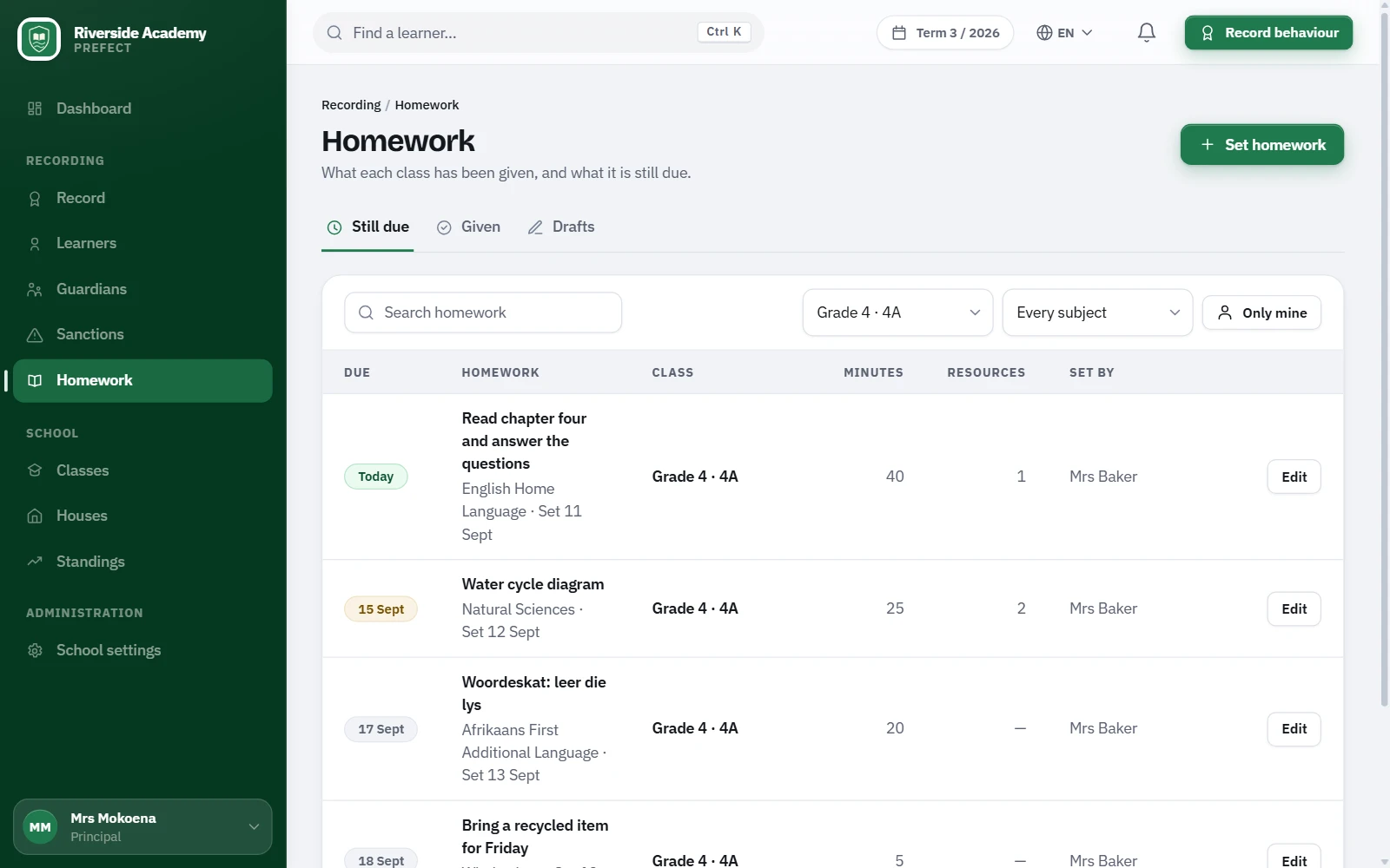 The Prefect homework diary filtered to a class